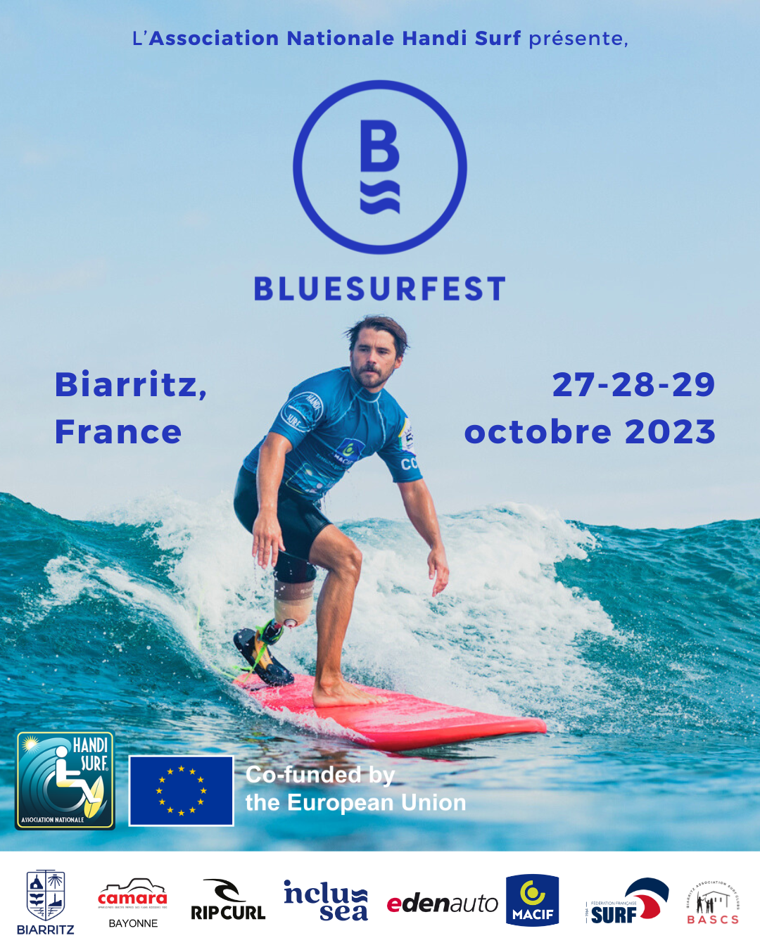 L’Association Nationale Handi Surf organise le «BLUESURFEST France», un festival du surf inclusif, du 27 au 29 octobre prochains à Biarritz